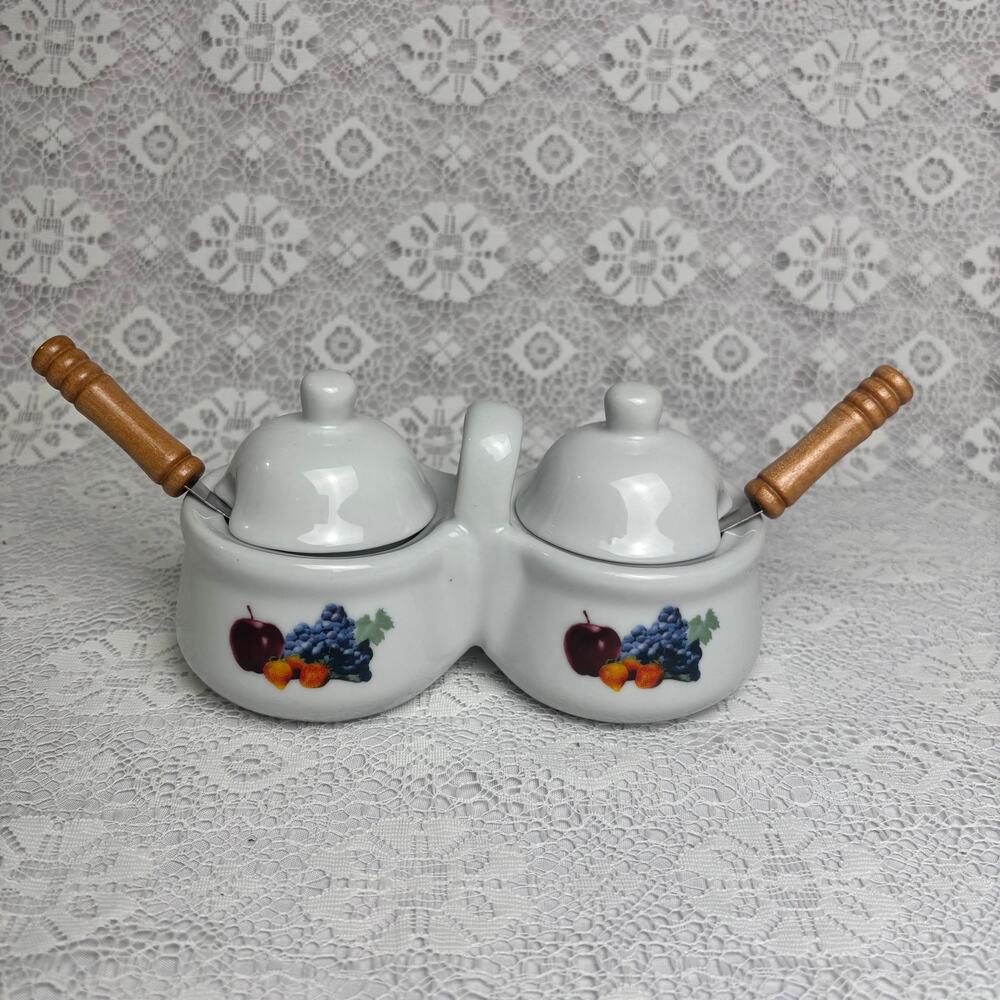 Houston Harvest Fruit Pattern Double Jar Condiment Spice Server w/ Lids & Spoons